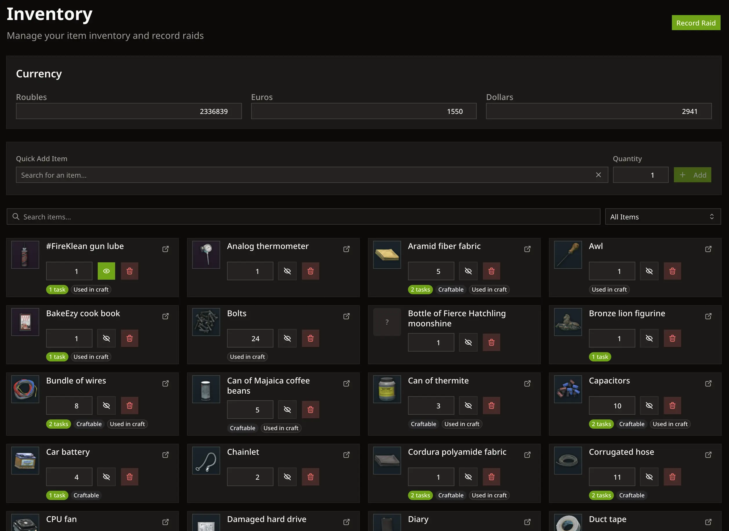 Inventory tracking screen